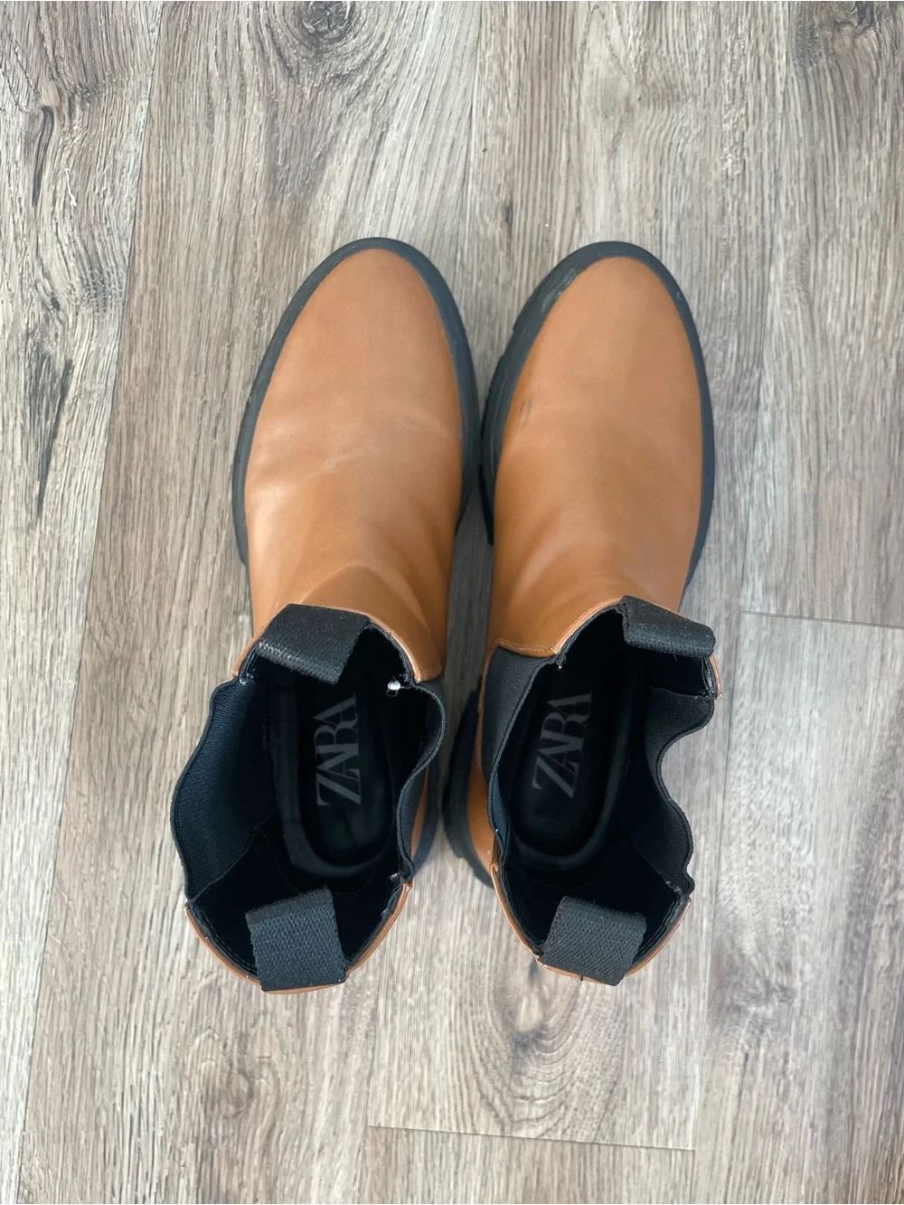 Women Size 8.5 ZARA Brown Faux Leather Ankle Chelsea Boots Platform Track Sole
